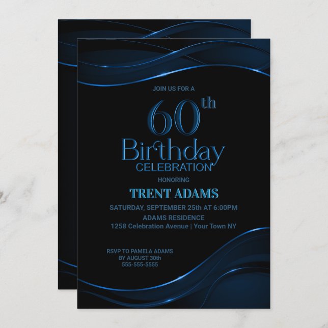 Modern Black Blue 60th Birthday Party Invitation (Front/Back)