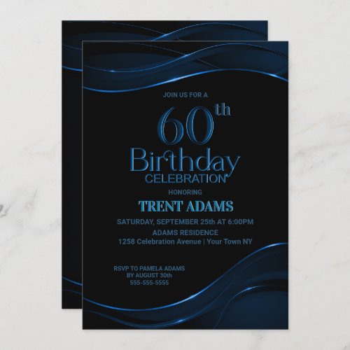 Modern Black Blue 60th Birthday Party Invitation