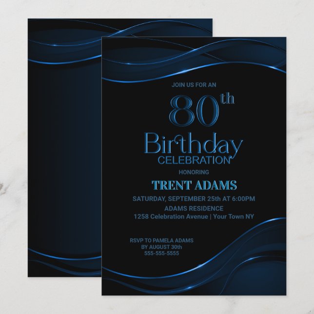 Modern Black Blue 80th Birthday Party Invitation (Front/Back)