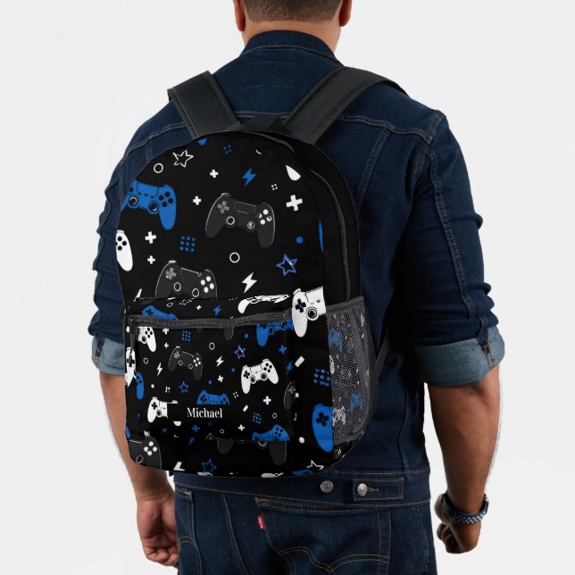 Modern Black, Blue and White Video Game Gamer  Printed Backpack (Insitu (Model))
