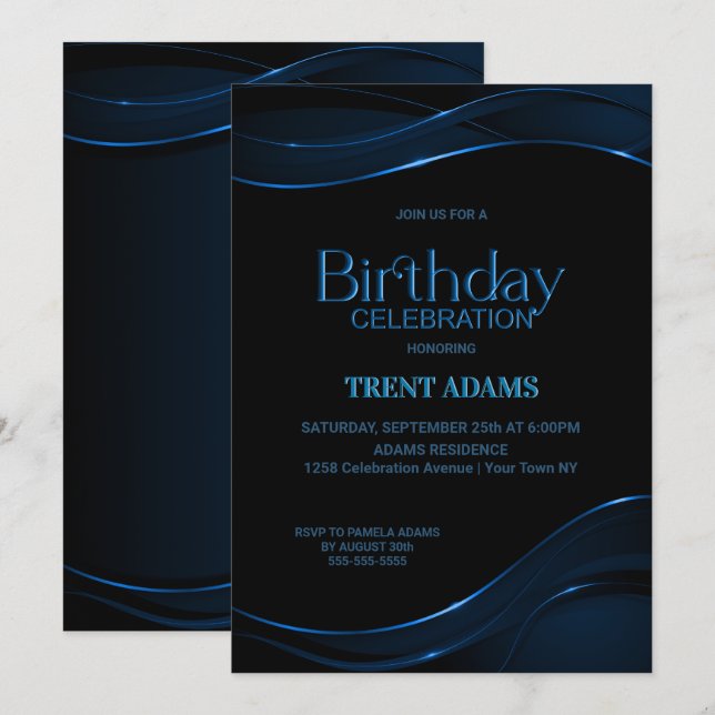 Modern Black Blue Birthday Party Invitation (Front/Back)