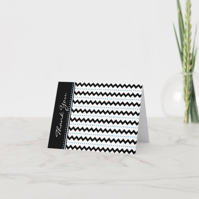 Modern Black Blue Chevron and Dots Thank You Card (Front)