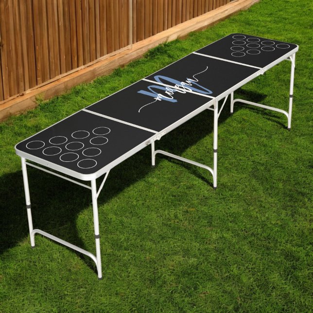 Modern Black Blue Elegant Script Name Monogram Beer Pong Table (Creator Uploaded)