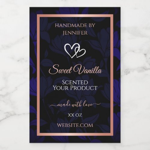 Modern Black Blue Floral Product Labels Rose Gold