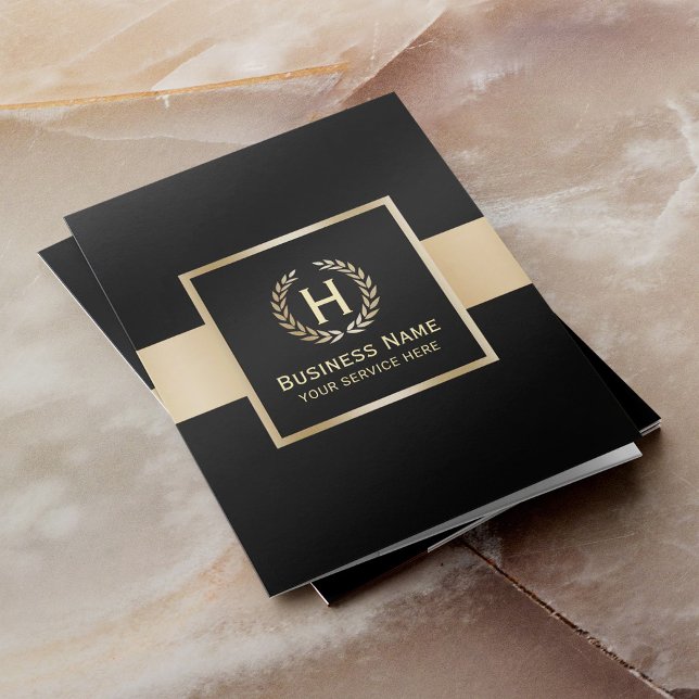 Modern Black Blue & Gold Monogram Logo Business  Pocket Folder (Creator Uploaded)