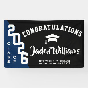 Modern Black Blue Graduation Class of 2026 Party Banner