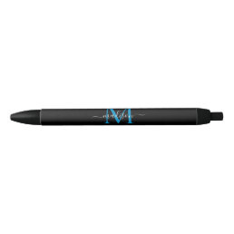Modern Black Blue Monogram Elegant Script Name Black Ink Pen