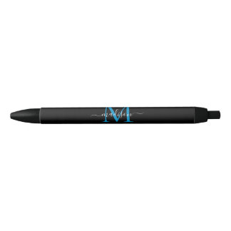 Modern Black Blue Monogram Elegant Script Name Pen