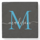 Modern Black Blue Monogram Feminine Script Name Stone Coaster Modern Black Blue Monogram Feminine Script Name Stone Coaster