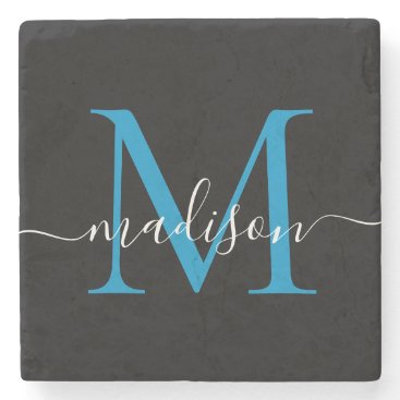 Modern Black Blue Monogram Feminine Script Name Stone Coaster
