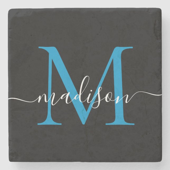 Modern Black Blue Monogram Feminine Script Name Stone Coaster (Front)