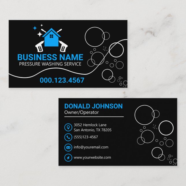 Modern Black Blue Power Wash House Cleaning Business Card (Front/Back)