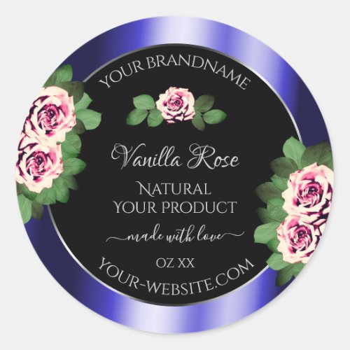 Modern Black Blue Product Labels Floral Pink Roses