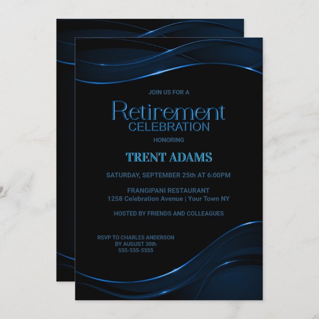 Modern Black Blue Retirement Celebration Invitation (Front/Back)