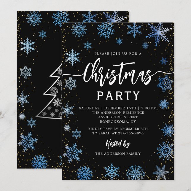 Modern Black Blue Snowflakes Christmas Party Invitation (Front/Back)