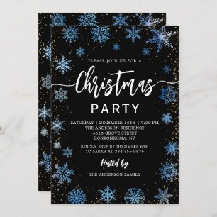 Modern Black Blue Snowflakes Christmas Party Invitation