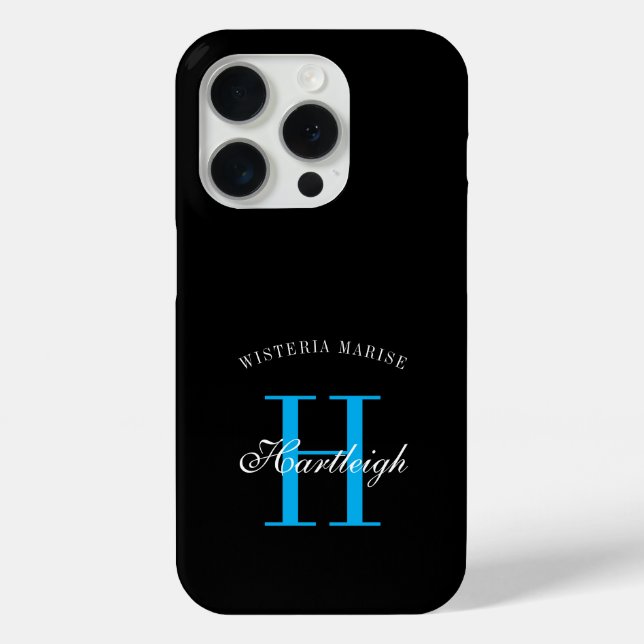 Modern Black Blue White Monogram Name Case-Mate iPhone Case (Back)