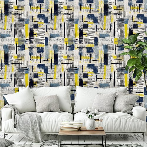 Modern Black Blue Yellow Cross Hatched Pattern Wallpaper