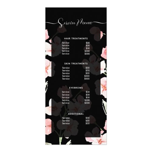 Modern Black Blush Boho Floral Salon Service Menu