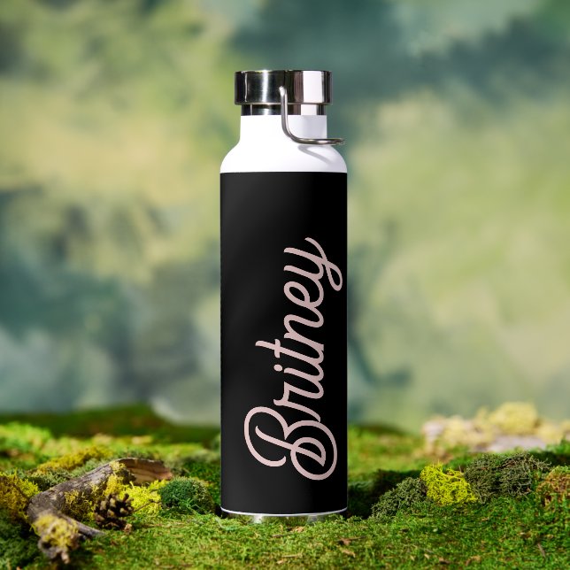 Modern Black Blush Dusty Pink Monogram Name  Water Bottle (Outdoor)