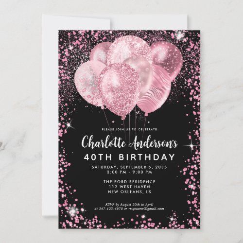 Modern Black Blush Pink Glitter Balloon Birthday Invitation