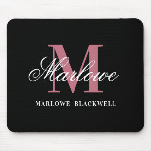 Modern Black Blush Pink Monogram Script Mouse Pad