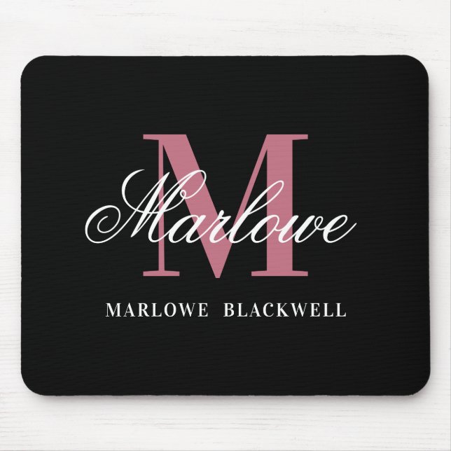 Modern Black Blush Pink Monogram Script Mouse Pad (Front)