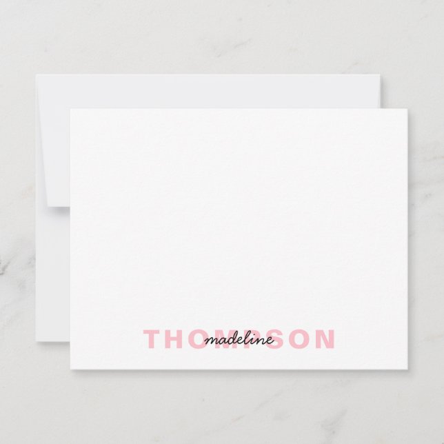 Modern Black Blush Pink Name Minimalist Script Note Card (Front)