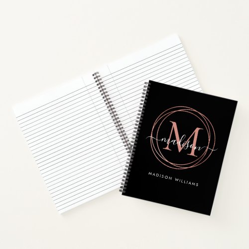 Modern Black Blush Pink Rose Gold Monogram Circle Notebook