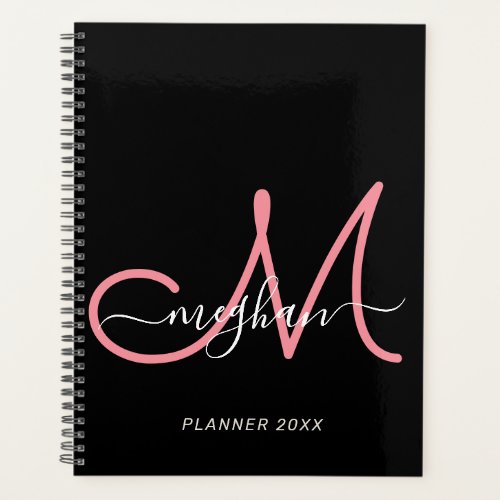 Modern Black Blush Pink Script Monogram 2024 Planner