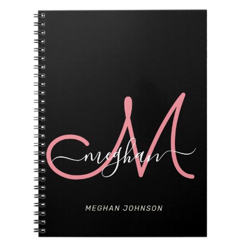 Modern Black Blush Pink Script Monogrammed Notebook