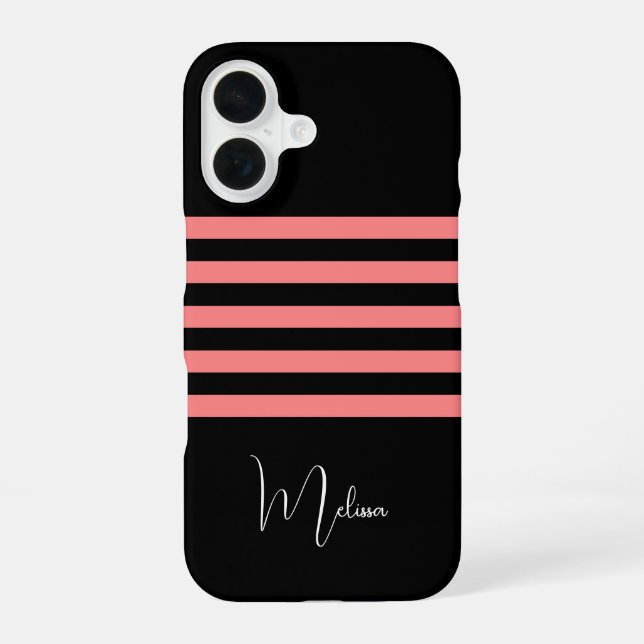 Modern Black Blush Pink Stripe Monogrammed iPhone Case (Back)
