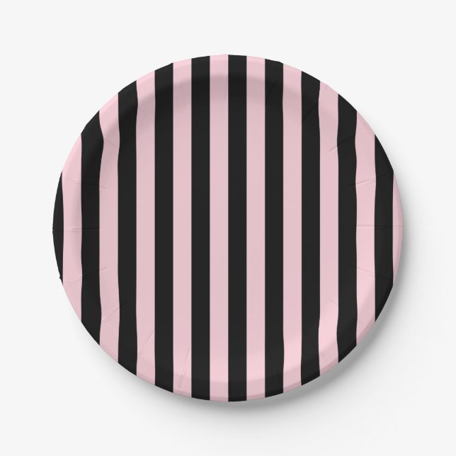 Modern Black & Blush Pink Striped Graduation Paper Plates (Front)