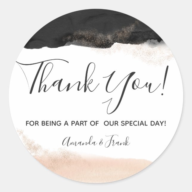 Modern Black Blush Pink Thank You Classic Round Sticker (Front)