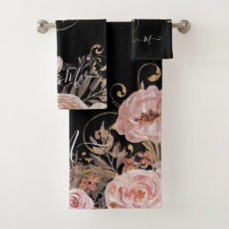 Modern Black Blush Pink Watercolor Floral Elegant Bath Towel Set
