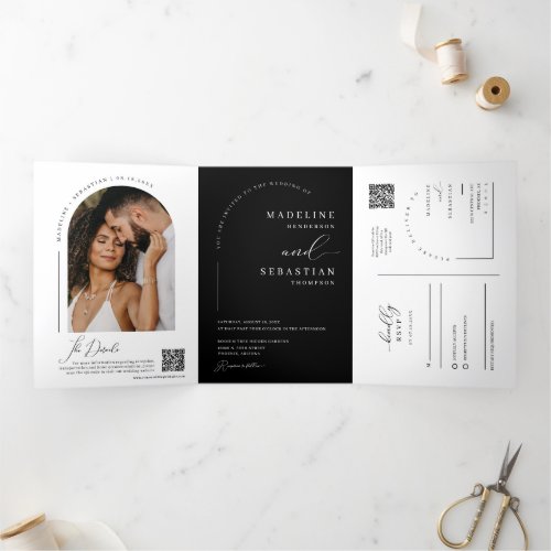 Modern Black Boho Arch Photo QR Code Wedding Tri_Fold Invitation