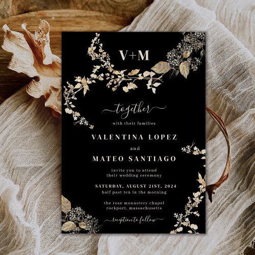 Modern Black Boho Botanical Foliage Monogram Invitation