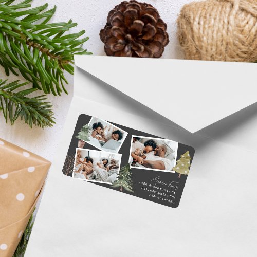 Modern Black Boho Multiphoto Christmas Pine Tree  Label