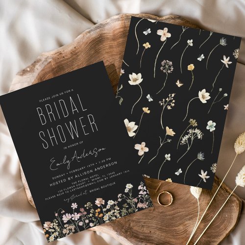 Modern Black Boho Wildflower Bridal Shower Elegant Invitation