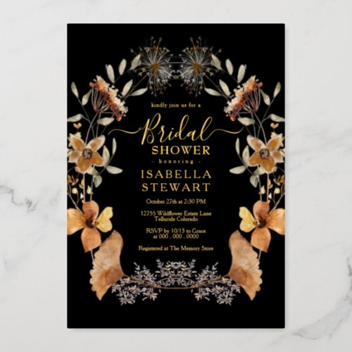 Modern Black Boho Wildflower Modern Bridal Shower Foil Invitation