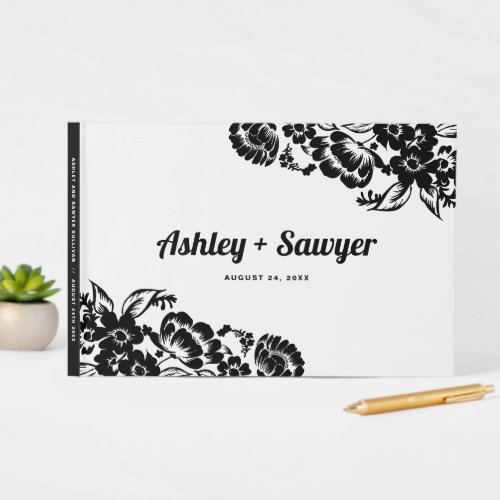 Modern Black Bold Floral Blooms Wedding Guest Book