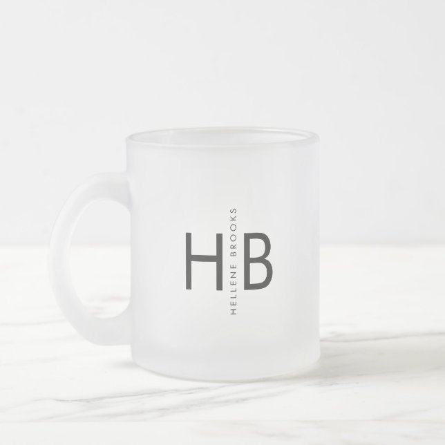 Modern Black Bold Initial Monogram Frosted Glass Coffee Mug (Left)