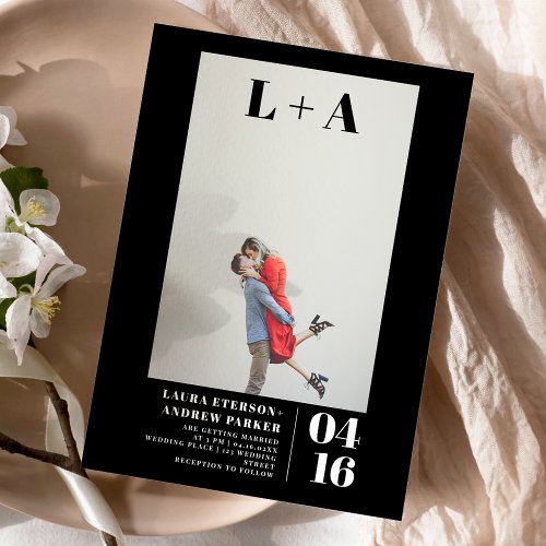 Modern black bold minimalist initial photo wedding invitation