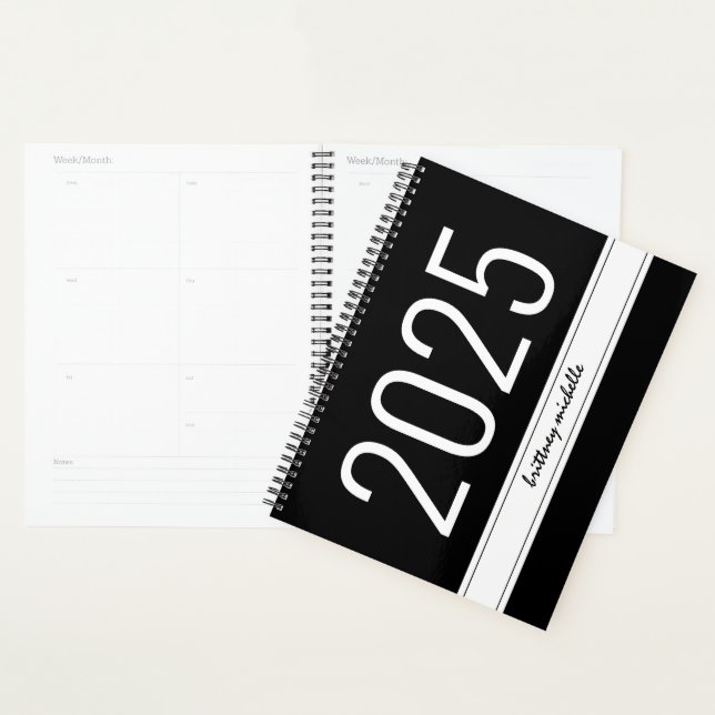 Modern Black Bold Simple Stripe Personalized 2025 Planner (Display)