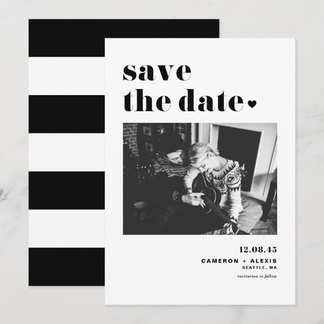 Modern Black Bold Typography with Heart Photo Save The Date (Front/Back)