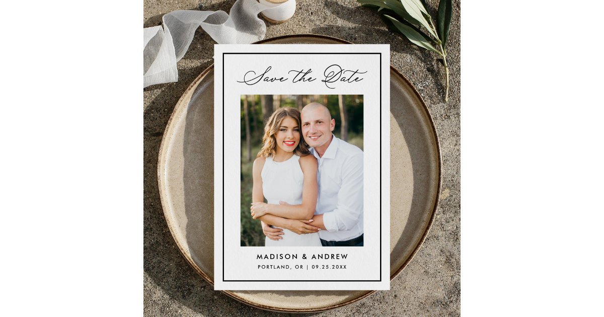 Modern Black Border Script Photo Wedding Save The Date | Zazzle