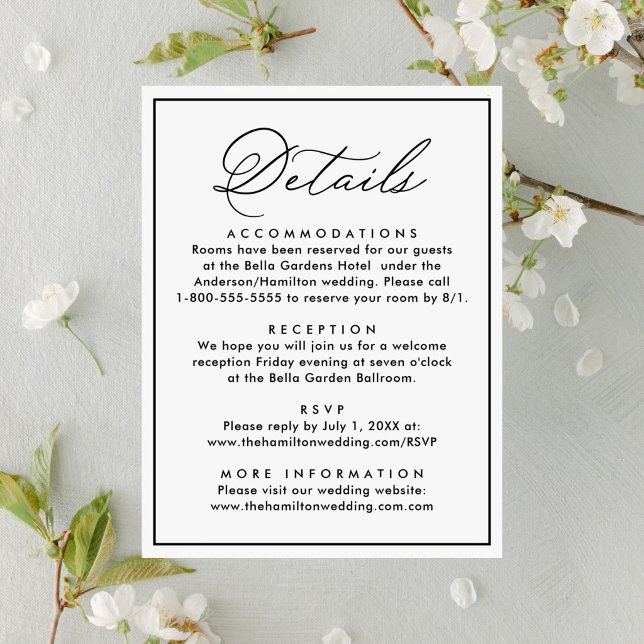 Modern Black Border Script Wedding Details Letterpress Enclosure Card (Creator Uploaded)