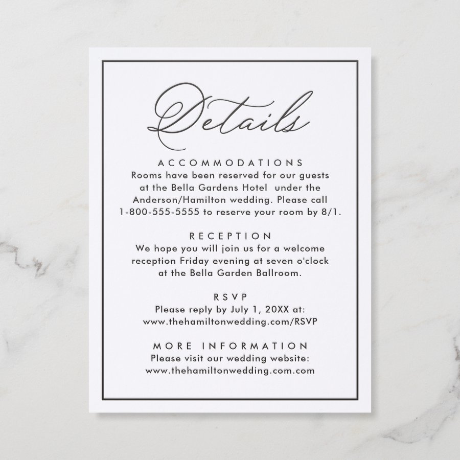 Modern Black Border Script Wedding Details Letterpress Enclosure Card