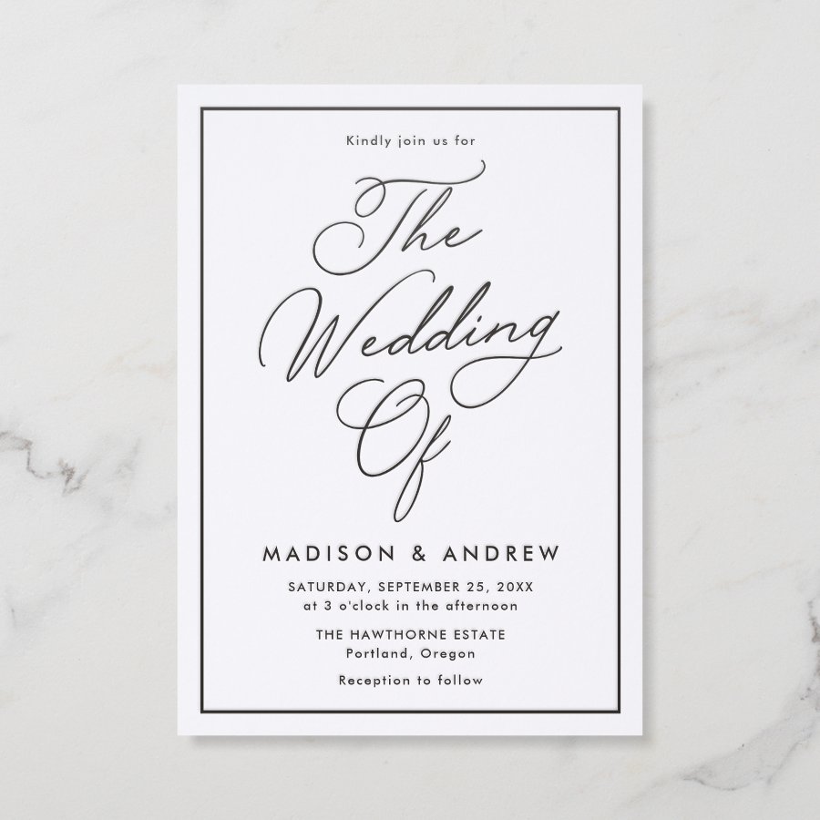 Modern Black Border Script Wedding Letterpress Invitation