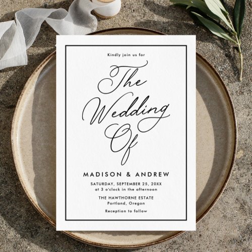 Modern Black Border Script Wedding Letterpress Invitation